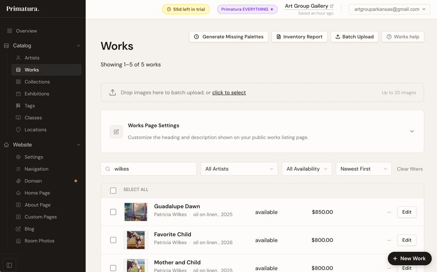Primatura works listing screen